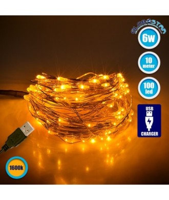 79712 Διακοσμητική Γιρλάντα 10 Μέτρων 100 LED USB 5 Volt 6 Watt με Χάλκινο Συρμάτινο Καλώδιο Θερμό Λευκό 1600K